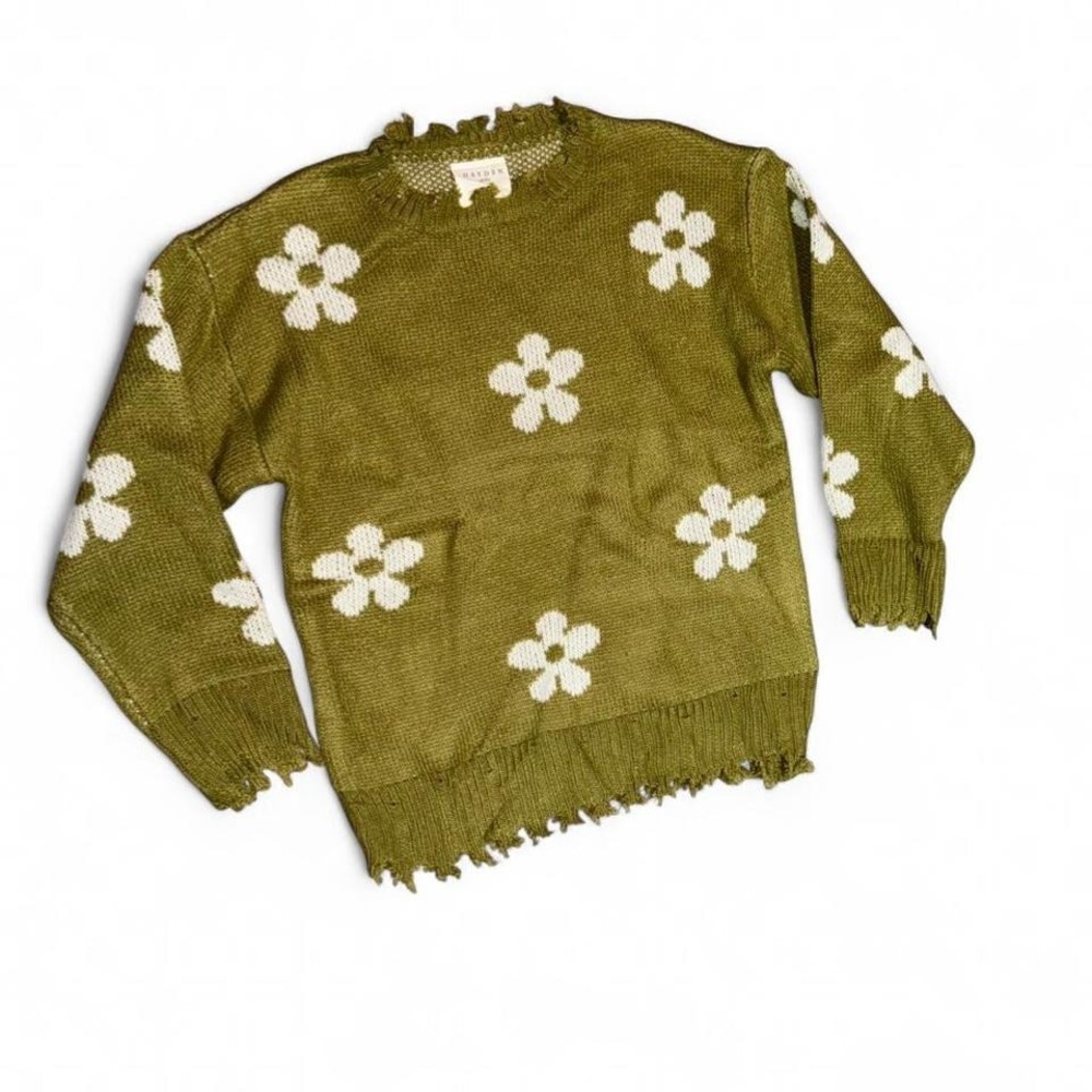 Hayden Girls‎ Olive Green w/White Flowers Distressed Sweater Girls Medium